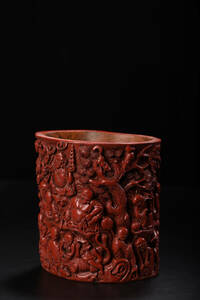 ▽鴻▽漆器漆彫 剔紅 十八羅漢紋 筆筒 置物 古賞物 中国古玩 中国古美術