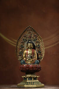 ▽鴻▽ 銅製 彩繪 金鍍 釋迦摩尼像 置物 古賞物 中国古玩 中国古美術