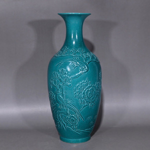 ▽鴻▽ 清 乾隆年製款 藍釉 牡丹花鳥紋 花瓶 古陶瓷品 置物 古賞物 中国古玩 中国古美術