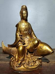 ▽鴻▽ 銅製 塗金 觀音菩薩像 置物 古賞物 中国古玩 中国古美術