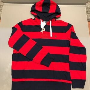 未使用！POLO RALPH LAUREN ラルフローレン ボーダー プルオーバー パーカー 裏地起毛 フーディー ラガーシャツ サイズL 濃紺/赤 レア！