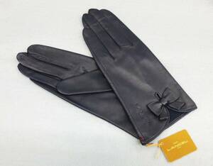 未使用 タグ付き☆LANCEL ランセル レディース レザー グローブ 革手袋 羊革 日本製 黒 ブラック リボン 表記21cm