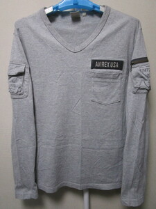 AVIREX V-NECK FATIGUE LS T-SHIRT・XL・灰／グレー（アヴィレックスファティーグロンＴシャツ胸タグミリタリーポケット付き長袖Tシャツ）