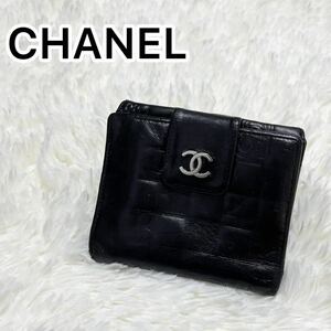 1円〜■CHANEL シャネル ラムスキン　5 ココマーク　カメリア　二つ折り　折り財布　アイコンライン　シルバー金具　Wホック　ブラック　黒