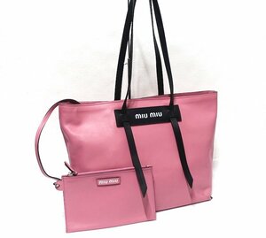 ギャラ付 極美品 miu miu ミュウミュウ 5BG117 GRACE LUX ポーチ付 トートバッグ バイカラー ピンク×ブラック カーフ レザー