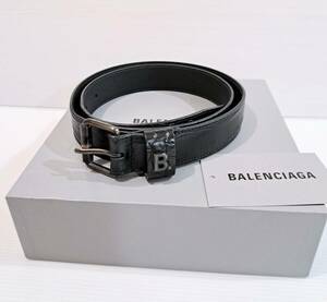 ギャランティー付 BALENCIAGA バレンシアガ Bロゴ ベルト ブラック クロコ 型押し エンボス レザー 85 黒 644080 