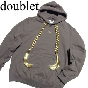 23SS doublet ダブレット HOODIE WITH BRAIDS HAIR ウィッグ付き パーカー オーバーサイズ S グレー