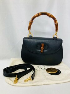 ★GUCCIグッチ オールドグッチ バンブー レザー ターンロック ハンドバッグ ショルダーバッグ レディース ブラック ゴールド金具 鏡付★