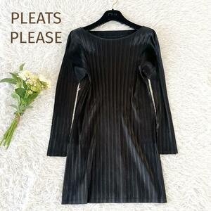 美品☆PLEATS PLEASE☆プリーツプリーズ　長袖ワンピース チュニック　光沢ブラック　サイズ3