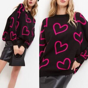 ニット セーター ゆったり キュート ハート柄 ブラック 大きいサイズ