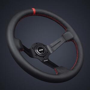 【Newホーンボタン】 DND Performance Interior　Race レザー レッドステッチ ディープ 赤 350mm USDM JDM ステアリング ハンドル レース