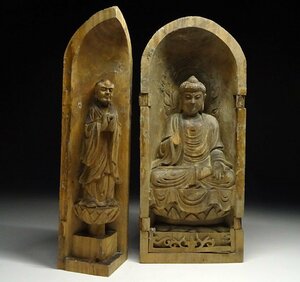 緑屋f■ 仏教美術　木彫　三尊仏 仏像　片扉欠損　時代物　i9/12-6330/30-7#80