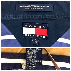 TOMMY HILFIGER トミーヒルフィガー 刺繍ロゴ トリコロール ストライプ 長袖シャツ L〜XL相当 薄手 ビッグシルエットフラッグタグ 90sの画像10