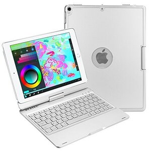 iPad 9.7 (2018/2017)/Air1用　キーボードケース 360度回転機能 7色LEDバックライト アルミ合金製 シルバー