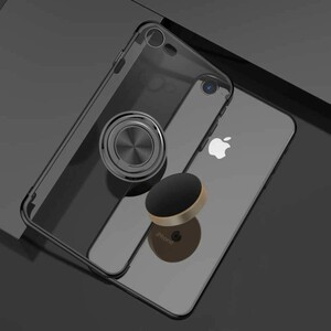 iPhone SE(第2世代) iPhone7 iPhone8 クリアケース 360回転 マグネット対応 リング付き TPU保護ケース スタンド機能付き ケース ブラック