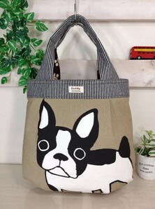 ★ハンドメイド★ トートバッグ 　フレンチブルドッグのふっくらトートバッグ　フレブル　ベージュ　あしあと　 ヒッコリー　 ショルダー