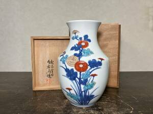 京都⑧ 今泉今右衛門 造 錦菊牡丹絵花瓶 共箱 花道具 cxp