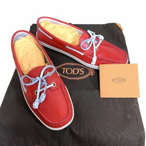 ◆中古品◆トッズ TODS レザーデッキシューズ レディース レッド×ホワイト フラットシューズ ローファー サイズ38 保存袋箱付 Q55781NC