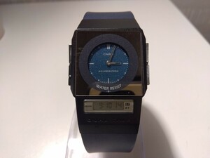 【A407】【稼働品・電池交換済み】 CASIO カシオ デュアルタイム イルミネーター 腕時計 クォーツ デジアナ 2針 FS-01 SS ネイビー メンズ