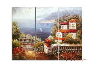 油絵 風景画 『海辺の家』 30x70cm x 3枚組 手描き アートパネル ファブリックパネル 絵画,油彩,自然、風景画