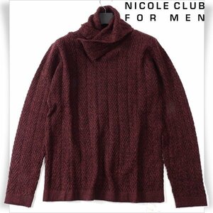 新品1円～★ニコルクラブフォーメン NICOLE CLUB FOR MEN 秋冬 長袖 ウール毛ヘリンボン柄アフガンネックプルオーバーニット 48 L ◆6174◆