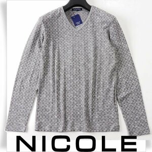 新品1円～★ニコル セレクション NICOLE selection メンズ ストレッチ 長袖 Vネック デザインカットソー 46 M 市松柄 本物◆6483◆