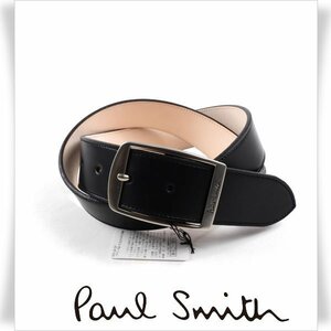 新品1円～★ポールスミス Paul Smith メンズ 日本製 牛革レザー ロゴ スクエアバックル ベルト M 黒 ブラック ビジネスベルト 本物◆6693◆