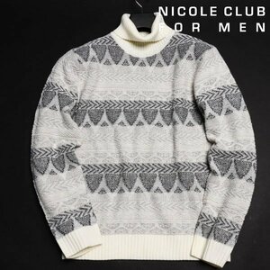 新品1円～★ニコルクラブフォーメン NICOLE CLUB FOR MEN 秋冬 長袖 ウール毛 幾何学柄タ－トルネックニット 50 LL 白 ◆7005◆