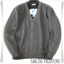 新品1円～★SABLINA VALENTINO サブリナヴァレンティノ メンズ 長袖 Vネックカーディガン M グレー 織柄 イタリアブランド ◆7636◆_画像1