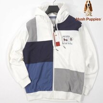 新品1円～★ハッシュパピー Hush Puppies メンズ パネル ジップフードパーカー M 白 ロゴ フーディー 本物 ◆9141◆_画像1