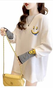 tシャツ 長袖 レディースゆったりロンT カットソー クルーネックビッグシルエットトップス 笑顔 刺繍 ロングtシャツ可愛い 韓国