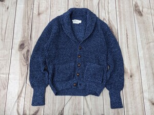 9．USA製 Whalerknits くるみボタン肉厚 編込み ウールニットカーディガン　ニットジャケットメンズM　ネイビーy907