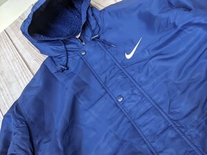 14．90s NIKE ナイキ バック デカロゴ ビックスウォッシュ 裏ボア 中綿入り ナイロン ベンチコート　メンズM　ネイビーz904