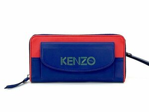 未使用品 KENZO/ケンゾー 財布 長財布 レザー ブルー×レッド ラウンドファスナー/ユニセックス