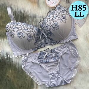 【H85 LL グレー】上下＊新品 ブラ&ショーツ ブラジャーショーツ パッド付き Hカップ 脇高 盛り 大きいサイズ グラマー バラ 刺繍 送料無料