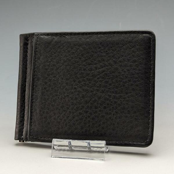 【新品】牛革 マネークリップ メンズ 薄型折り財布 （ブラック）