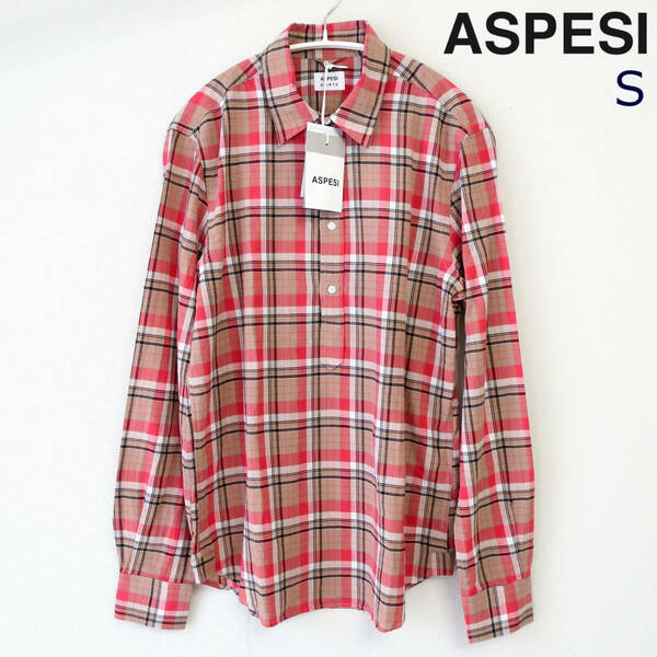 新品 未使用 ASPESI アスペジ イタリア ブルオーバー シャツ カジュアル ボタンシャツ 長袖 トップス チェック 赤 ブラウン メンズ Sサイズ