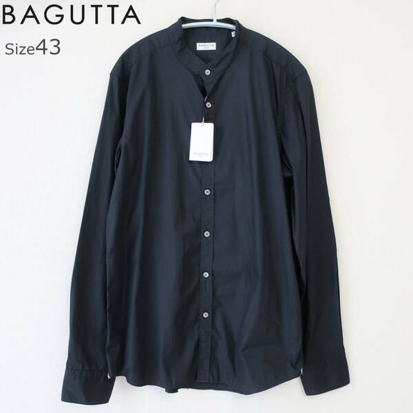 新品 未使用 BAGUTTA バグッタ 最高級 メンズ ドレスシャツ バンドカラーシャツ 襟無し 長袖 ボタンシャツ ネイビー 43 2XL ～ 3XL 3L 4L 