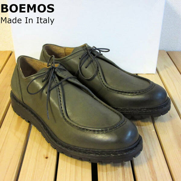 新品 未使用 BOEMOS ボエモス イタリア製 レザーシューズ Uチップ モカシン 革靴 シューズ 緑 オリーブ カーキ メンズ 42 27cm 程度