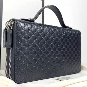 1円〜★極美品★GUCCI グッチ オーガナイザー ダブルジップ マイクログッチシマ セカンドバッグ トラベルケース 長財布 ビジネス ネイビー