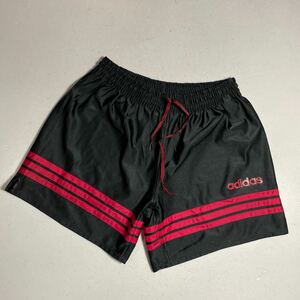 アディダス adidas トレフォイル 90年代 黒 ブラック 赤 レッド 光沢サカパン サッカーパンツ Lサイズ