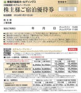 「東急不動産ホールディングス 株主優待」株主様ご宿泊優待券(1枚) 有効期限2024年1月31日　ホテルハーヴェスト/宿泊割引券/株主優待券