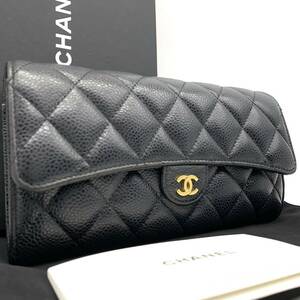 1円●美品/付属品完備●CHANEL シャネル キャビアスキン ラウンドフラップ長財布 サイフ ココマーク ゴールド金具 レザー 黒 レディース