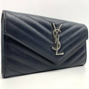 1円●SAINT LAURENT PARIS サンローラン YSL キャビア フラップ長財布 ロングウォレット レザー ネイビー レディース メンズ 男女兼用