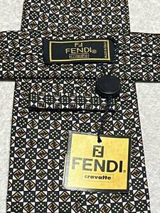 FENDI フェンディ ネクタイ タグ付 新品 未使用 ブランドロゴ柄 茶 紺 金色系 幾何学模様 市松