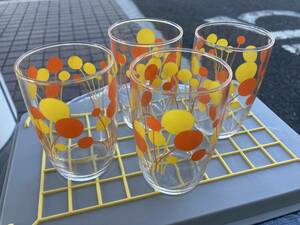  Showa Retro pop . glass 4 customer set / orange & yellow height 90mm×.. calibre 60mm* used 
