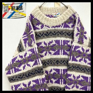 90s Rey wear 総柄エクアドルニット柄編み ハンドメイドニット ビンテージ ニットセーター 柄