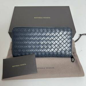 正規品 ボッテガ ヴェネタ　BOTTEGAVENETA 長財布　イントレチャート　ラウンドファスナー ネイビー　レザー　ネイビー　紺色