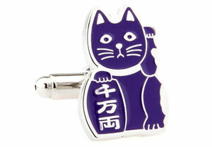 紫[招き猫カフス] ネコ 動物 キティー（英語でkitty子猫) 猫 ペット虎キャット　商売繁盛