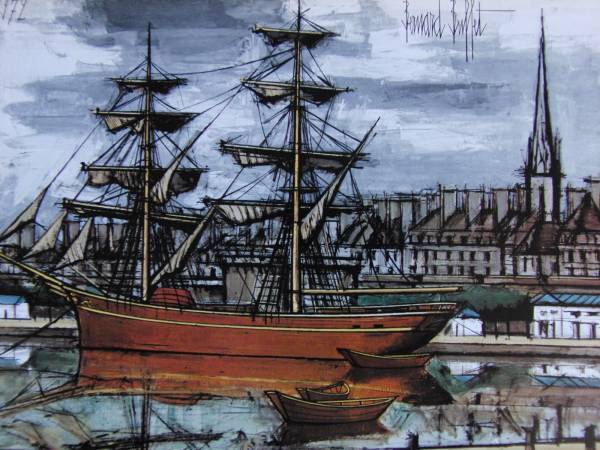 Bernard Buffet, Ship Series 4, Extremely rare framing plate, New frame included, postage included, iafa, Painting, Oil painting, Nature, Landscape painting